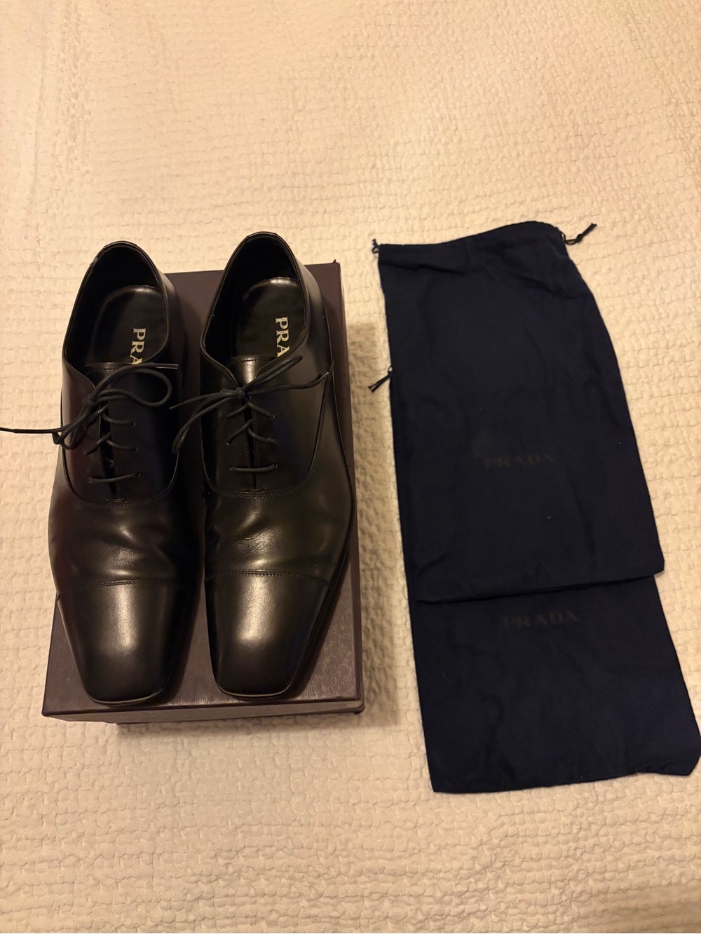 (Authentic) Men’s Prada Black Leather Cap-Toe Derby Dress Shoes
